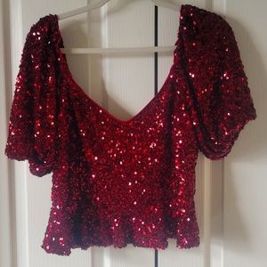 Lulus Got the drama wine red sequin puff sleeve peplum top